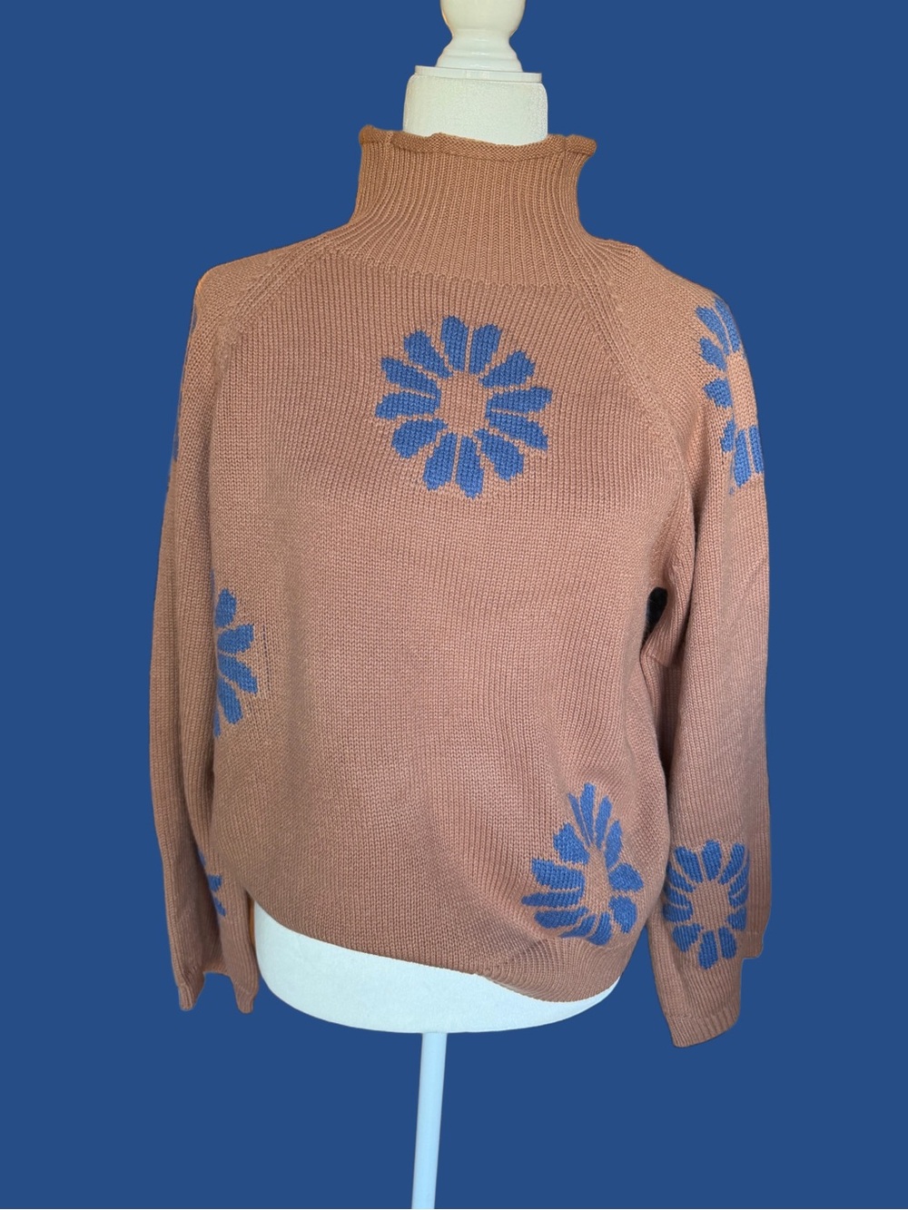 NWT Brown Mock Neck Knit Sweater with Blue Floral Motif